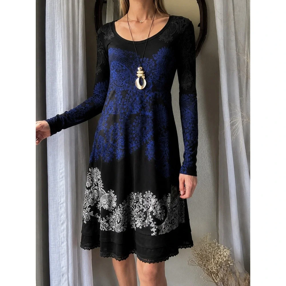 Desigual Y2K Dress Black Paisley Sz M Embroidered‎ Long Sleeve Whimsigoth Euro